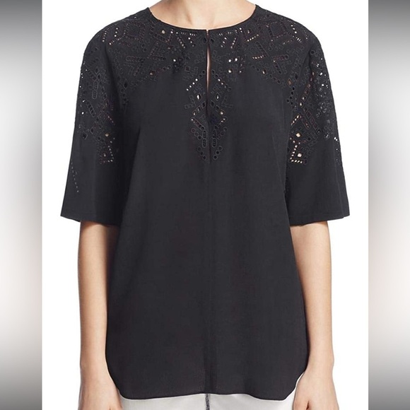Theory Antazie E2 Ghost Crepe Eyelet Top, Black dise small - Picture 1 of 12